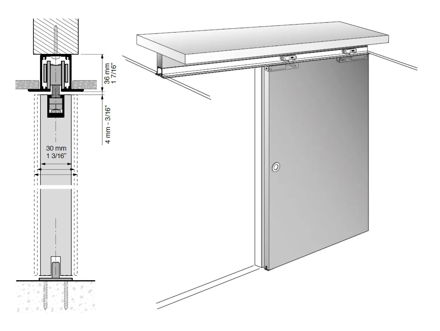 sliding door rail for mounting in dropped ceiling