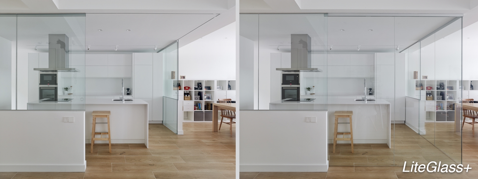 Op de foto zie je twee afbeeldingen van het zelfde schuifdeursysteem: De LiteGlass. In de linker afbeelding is het schuifdeursysteem open, in de rechter afbeelding zie je dat de gesloten schuifdeur de keuken op een transparante manier afsluit.